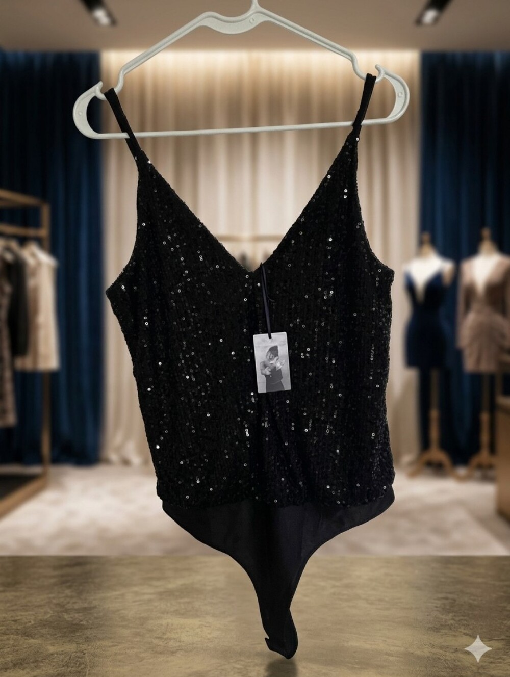 Sincerly Jules Black Sequin V-Neck Tank Bodysuit